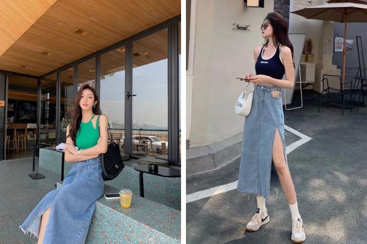 chân váy jean mặc với áo gì